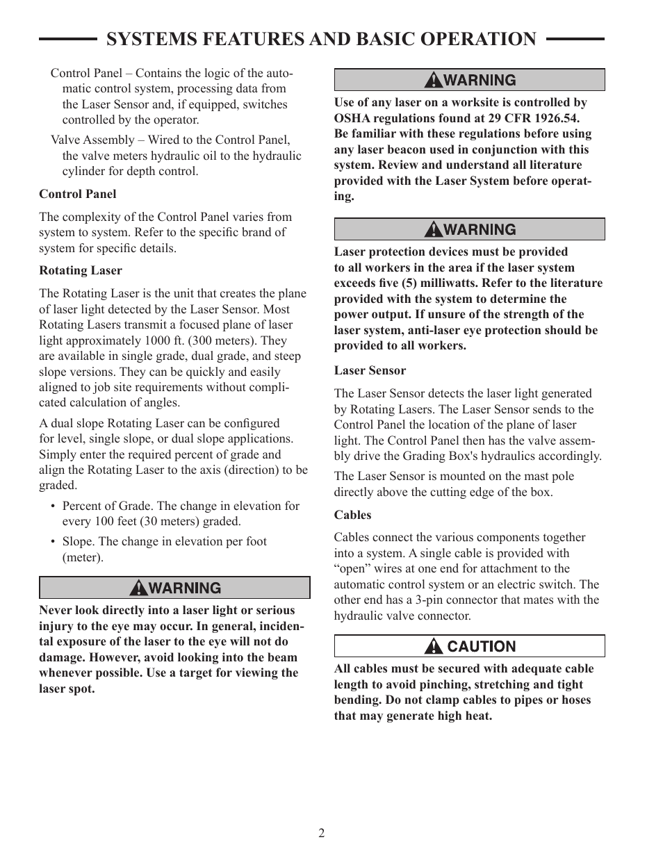 Control panel, Laser sensor, Cables | Systems features and basic operation, A caution | ATI Technologies Lawn Mower User Manual | Page 12 / 25