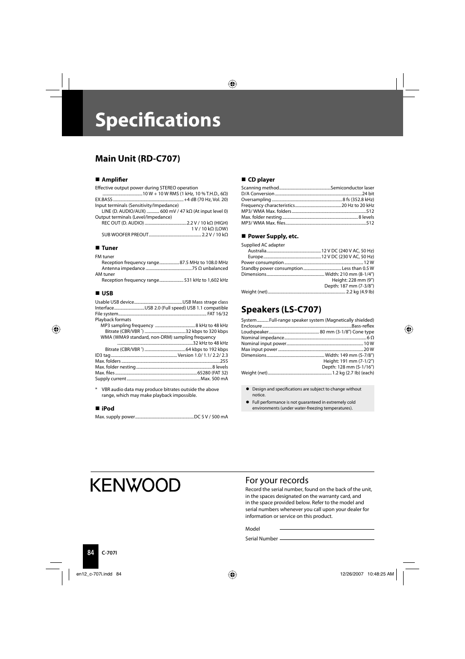 Specifi cations, Main unit (rd-c707), Speakers (ls-c707) | For your records | Kenwood C-707i-W User Manual | Page 84 / 84