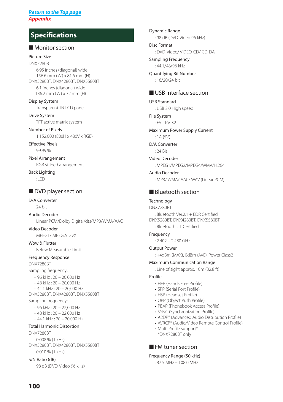 Specifications | Kenwood DNX4280BT User Manual | Page 101 / 106