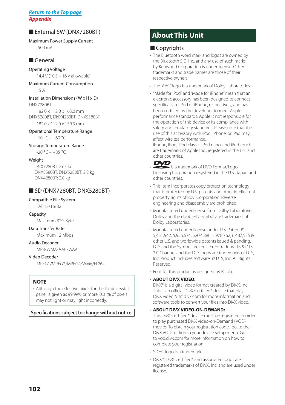 About this unit, External sw (dnx7280bt), General | Copyrights | Kenwood DNX4280BT User Manual | Page 103 / 106