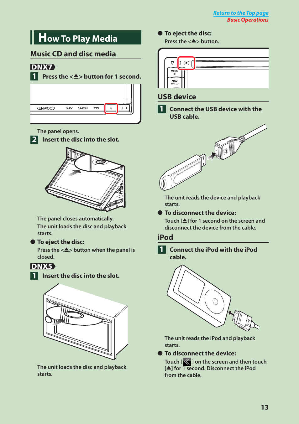 How to play media, Ow to play media, Music cd and disc media | Usb device, Ipod | Kenwood DNX4280BT User Manual | Page 14 / 106