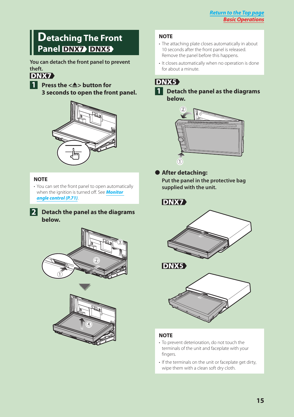 Detaching the front panel, Detaching the, Front panel (p.15) | Etaching the front panel | Kenwood DNX4280BT User Manual | Page 16 / 106