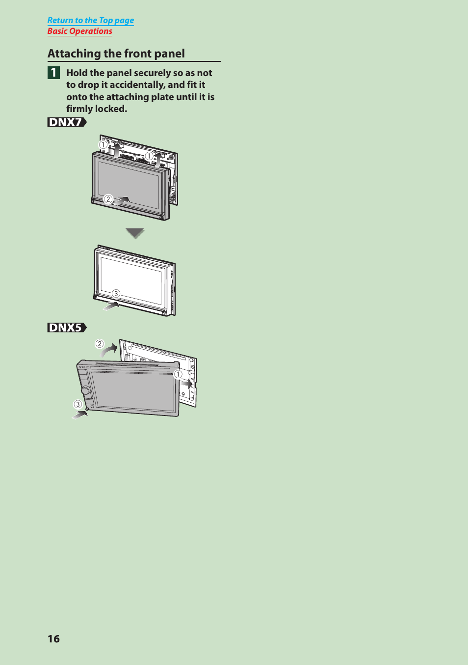 Attaching the front panel | Kenwood DNX4280BT User Manual | Page 17 / 106