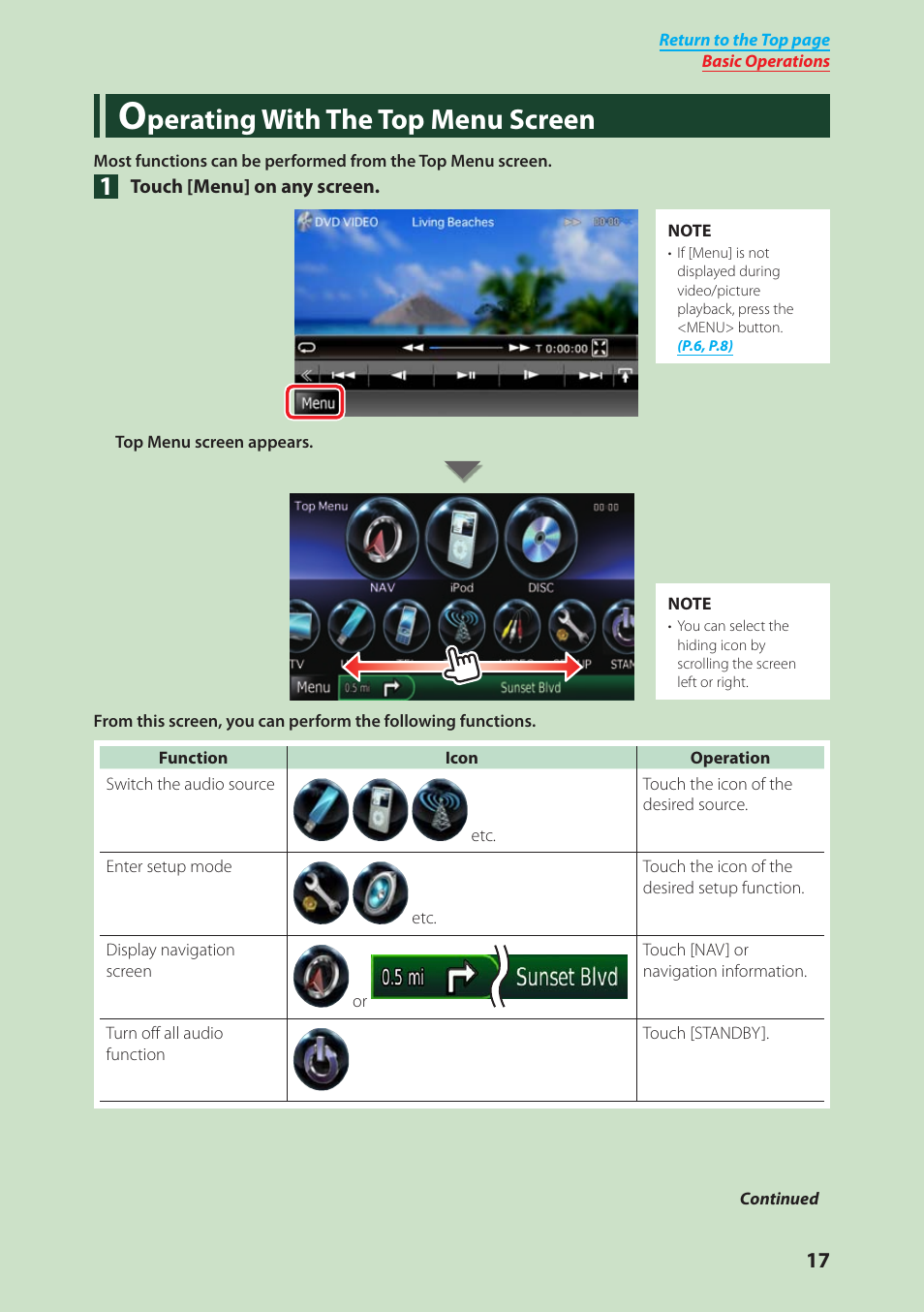 Operating with the top menu screen, P.17), Perating with the top menu screen | Kenwood DNX4280BT User Manual | Page 18 / 106