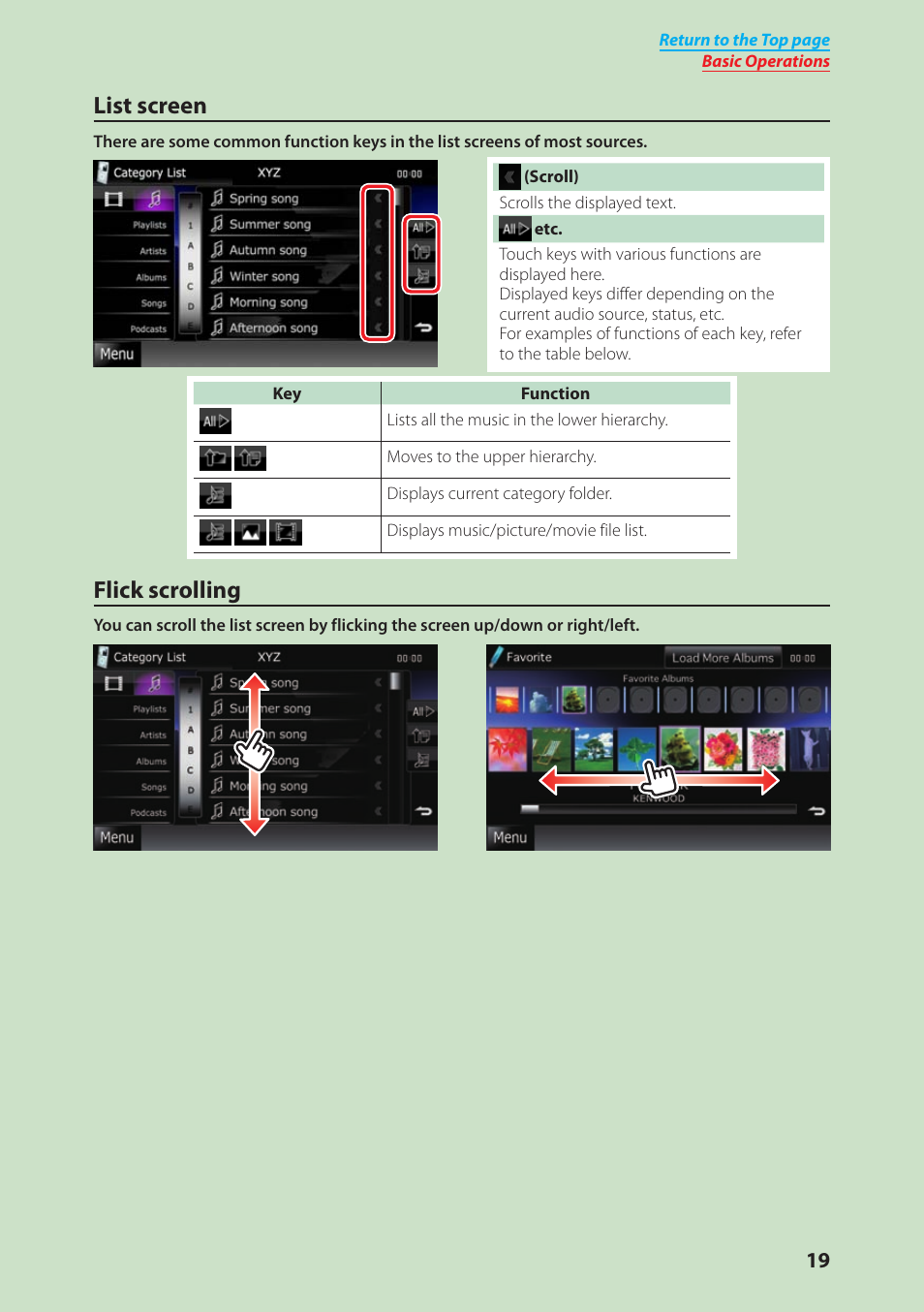 List screen, Flick scrolling | Kenwood DNX4280BT User Manual | Page 20 / 106