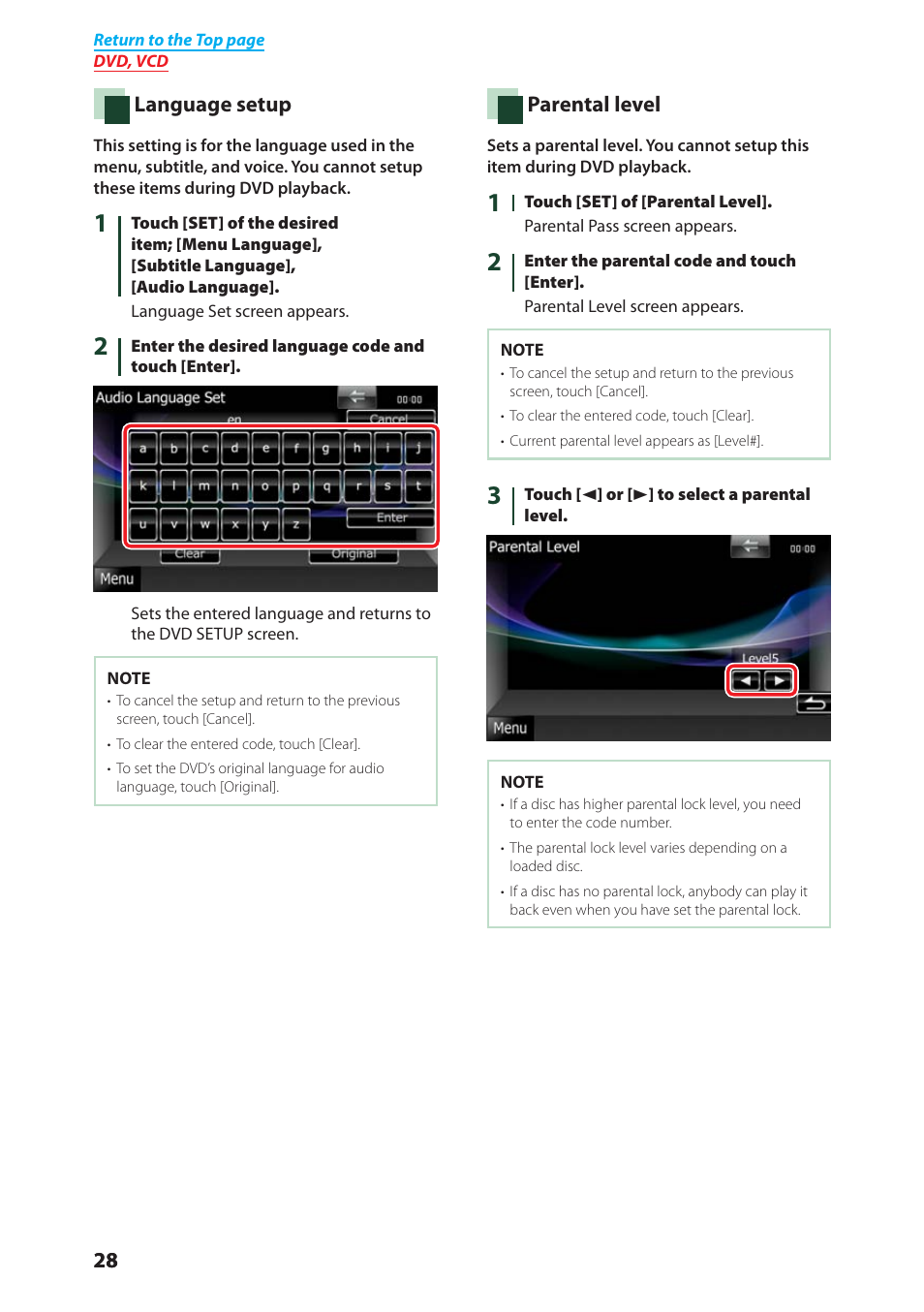 Language setup (p.28), Parental level (p.28), Language setup | Parental level | Kenwood DNX4280BT User Manual | Page 29 / 106