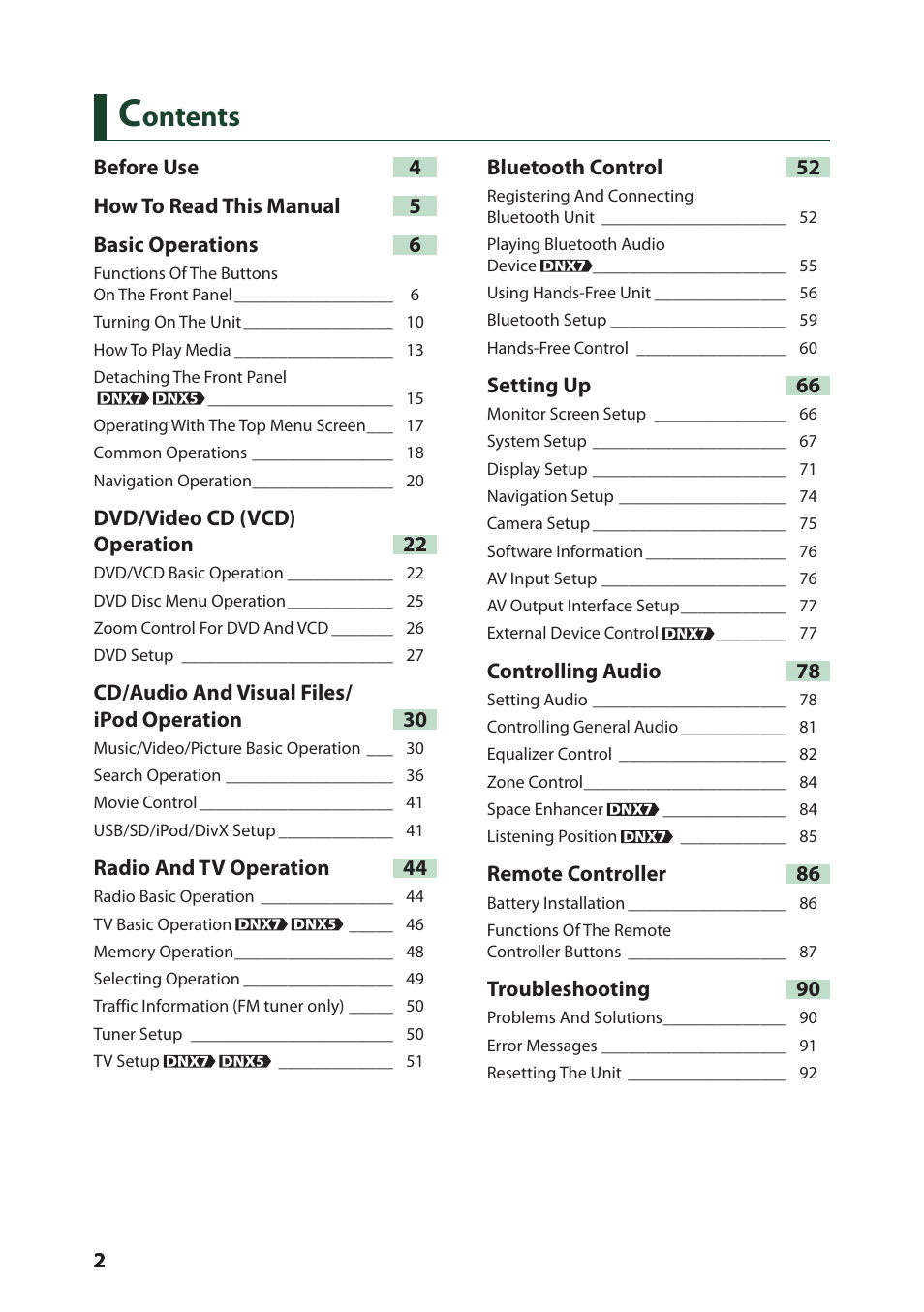 Ontents | Kenwood DNX4280BT User Manual | Page 3 / 106