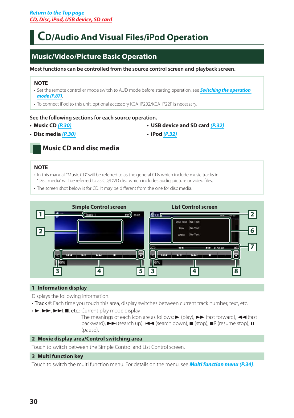 Cd/audio and visual files/ipod operation, Music/video/picture basic operation, Cd/audio and visual files | Ipod operation, D/audio and visual files/ipod operation | Kenwood DNX4280BT User Manual | Page 31 / 106