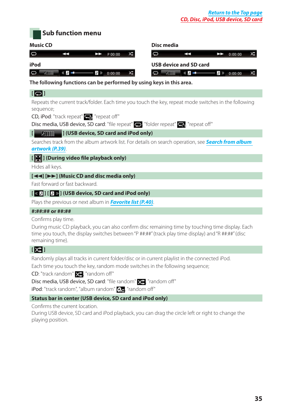 Sub function, Menu (p.35), Sub function menu | Kenwood DNX4280BT User Manual | Page 36 / 106