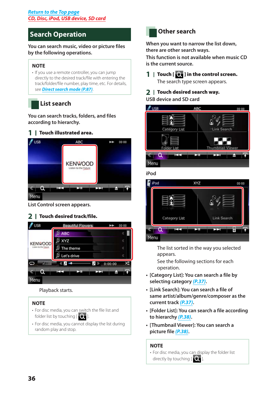 Search operation, Search operation (p.36), List search | Other search | Kenwood DNX4280BT User Manual | Page 37 / 106