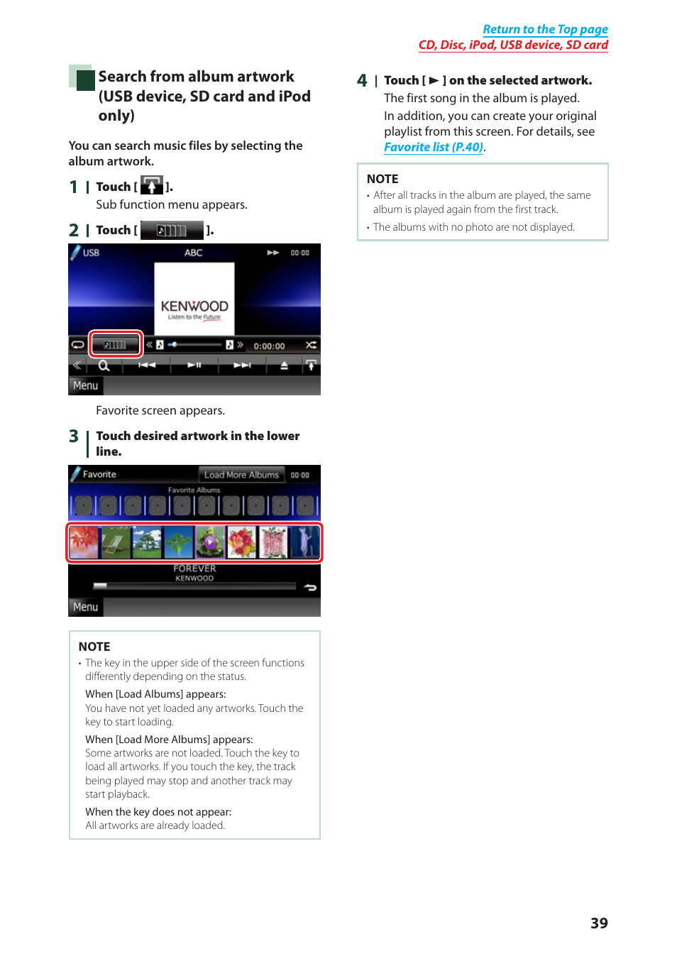 Search from album, Artwork (p.39) | Kenwood DNX4280BT User Manual | Page 40 / 106