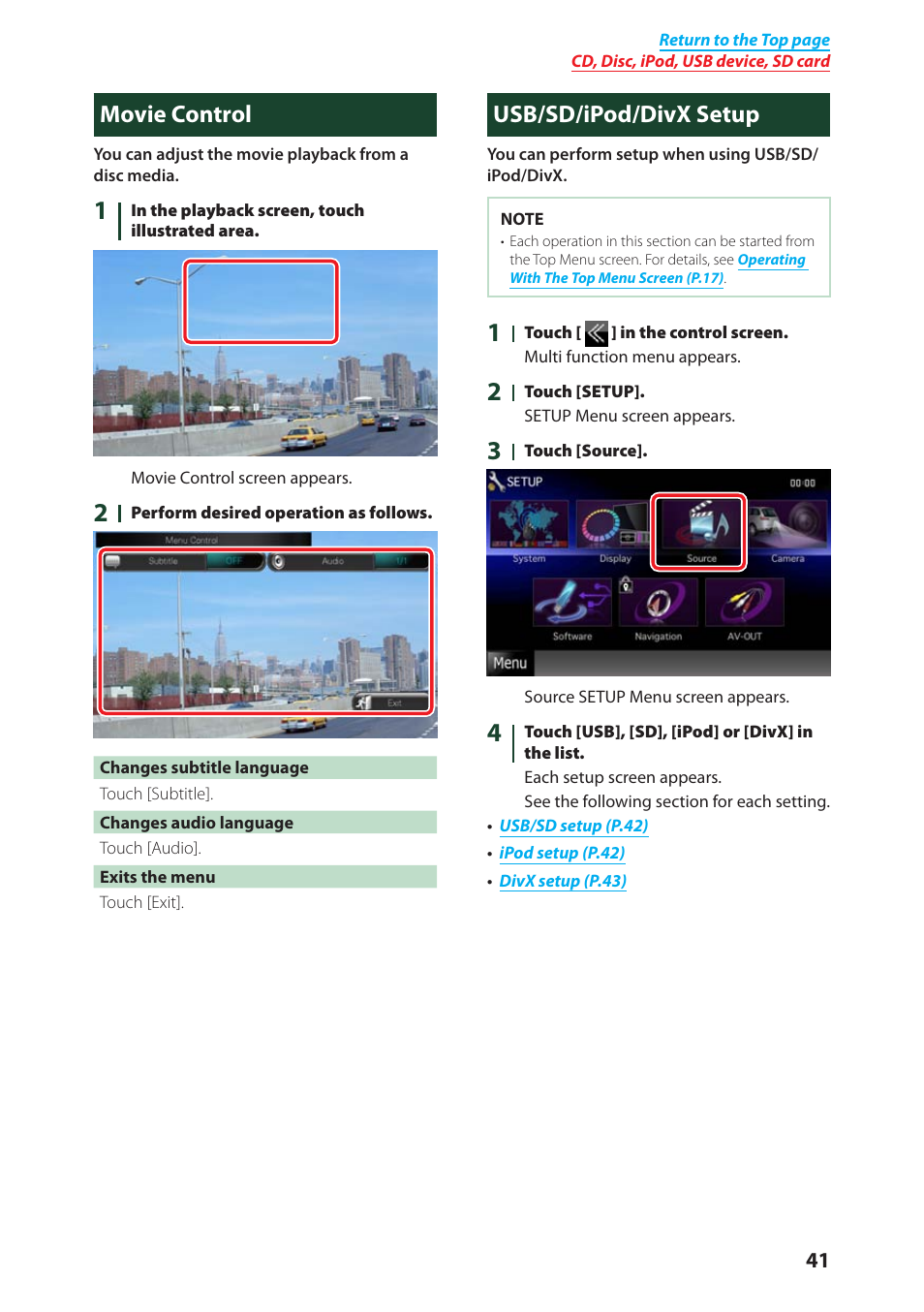 Movie control, Usb/sd/ipod/divx setup, Movie control usb/sd/ipod/divx setup | Movie control (p.41) | Kenwood DNX4280BT User Manual | Page 42 / 106