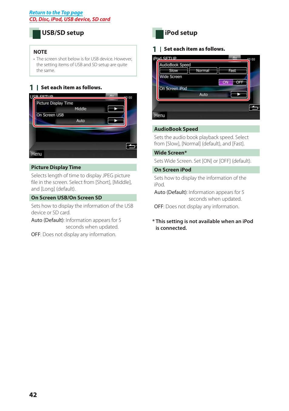 Usb/sd setup (p.42), Ipod setup (p.42) | Kenwood DNX4280BT User Manual | Page 43 / 106