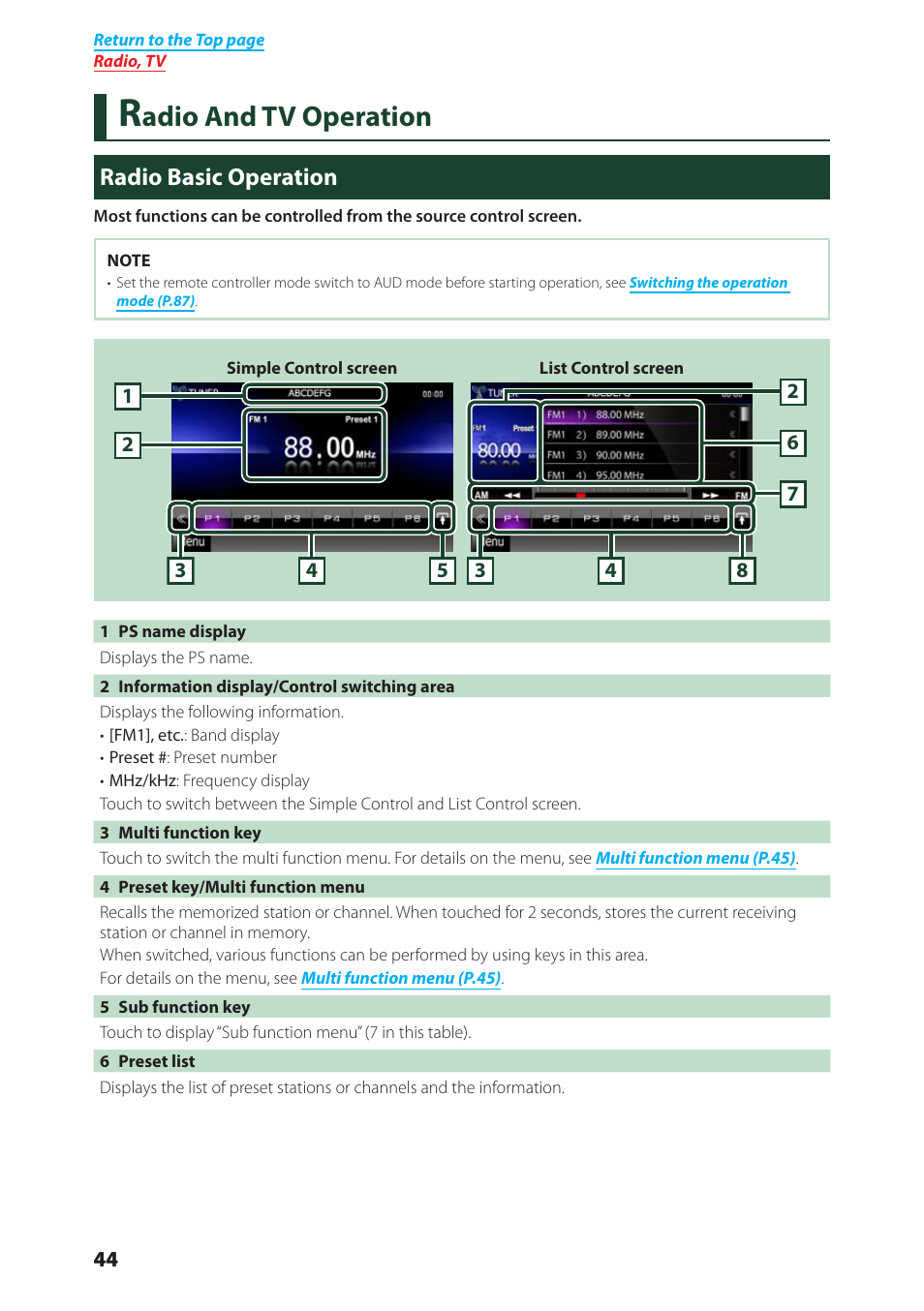 Radio and tv operation, Radio basic operation, Adio and tv operation | Kenwood DNX4280BT User Manual | Page 45 / 106