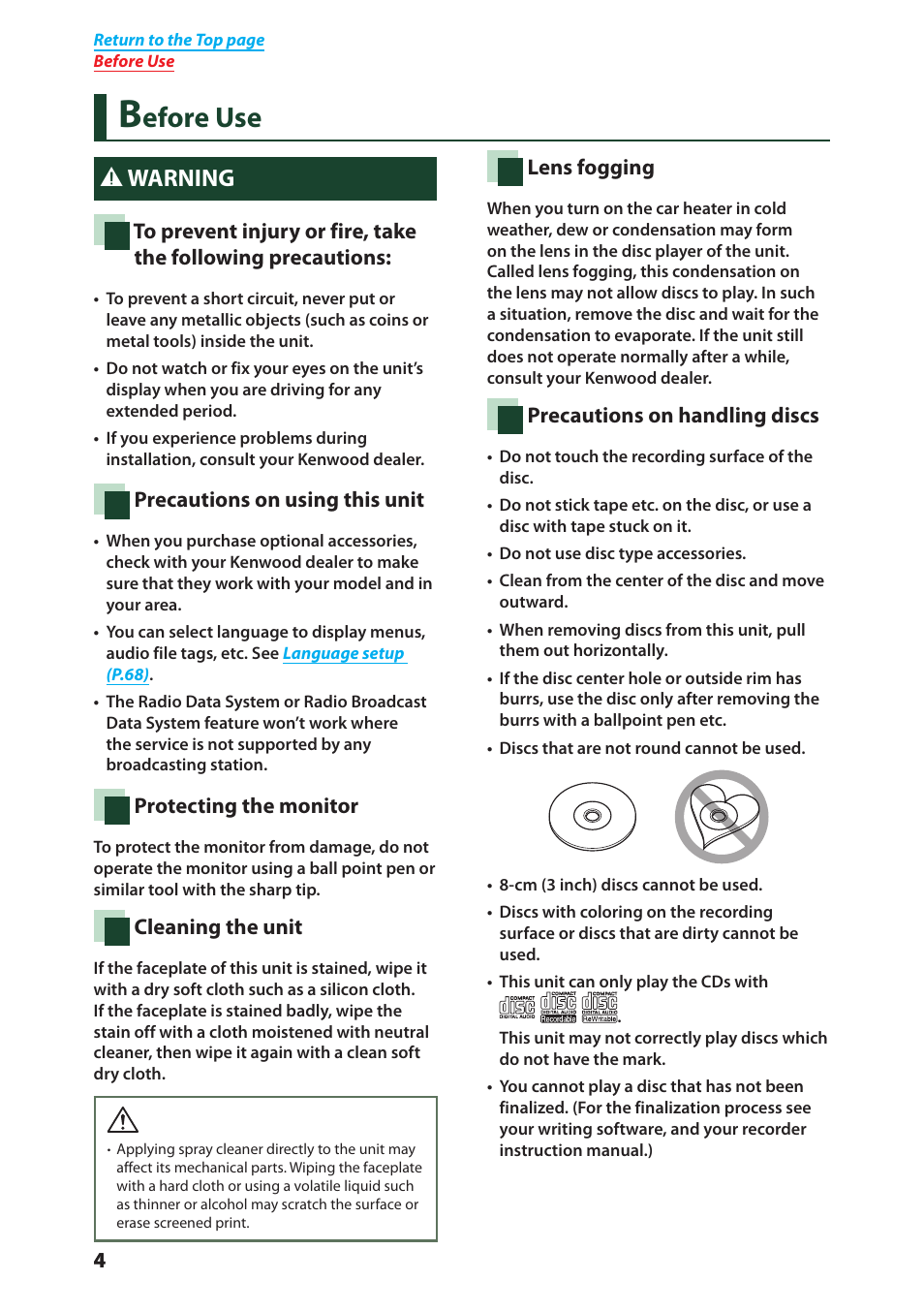 Before use, Efore use, 2warning | Kenwood DNX4280BT User Manual | Page 5 / 106