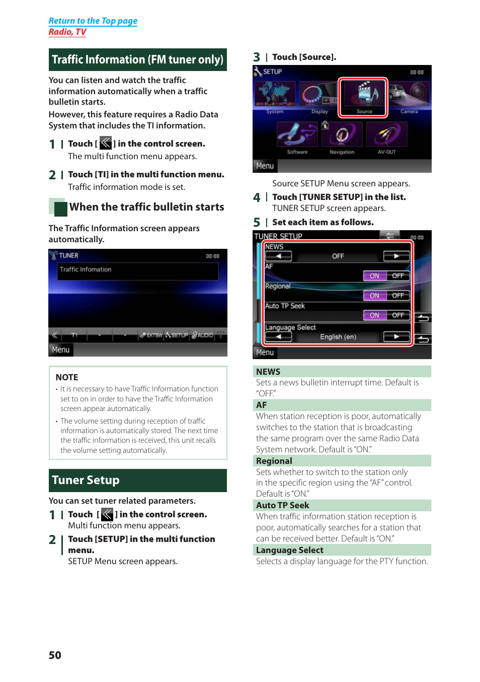 Traffic information (fm tuner only), Tuner setup, Traffic information (fm tuner only) tuner setup | Traffic information (p.50) | Kenwood DNX4280BT User Manual | Page 51 / 106