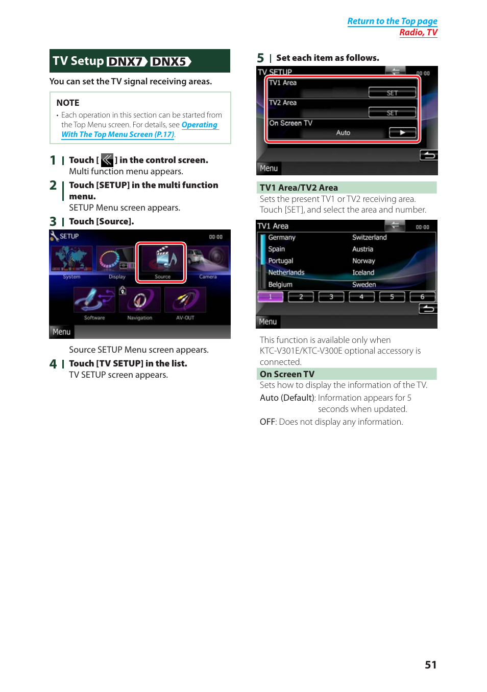 Tv setup | Kenwood DNX4280BT User Manual | Page 52 / 106