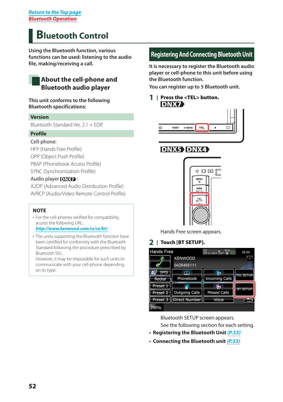 Bluetooth control, Registering and connecting bluetooth unit, Registering and connecting | Bluetooth unit, P.52), Luetooth control | Kenwood DNX4280BT User Manual | Page 53 / 106