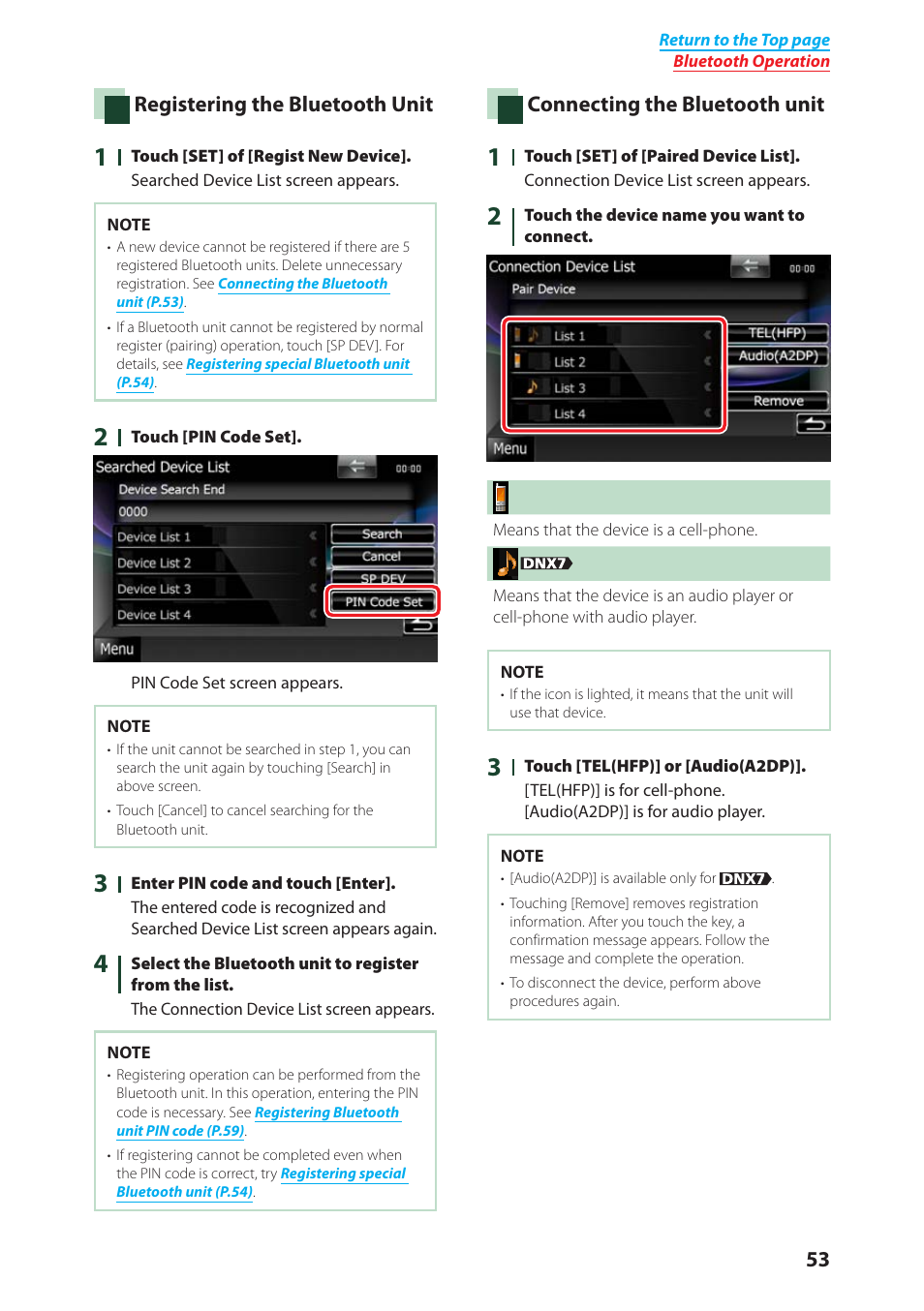 P.53), Registering the bluetooth unit, Connecting the bluetooth unit | Kenwood DNX4280BT User Manual | Page 54 / 106