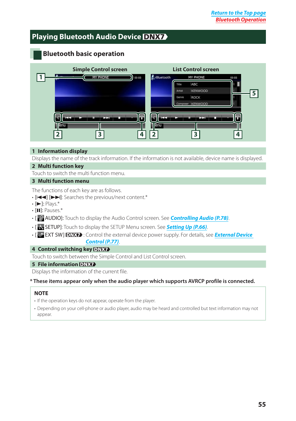 Playing bluetooth audio device, Playing bluetooth audio, Device | Kenwood DNX4280BT User Manual | Page 56 / 106