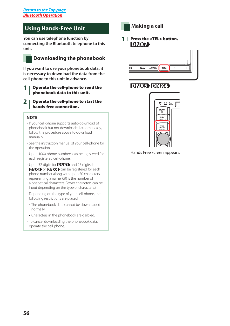 Using hands-free unit, Downloading the phonebook, Making a call | Kenwood DNX4280BT User Manual | Page 57 / 106
