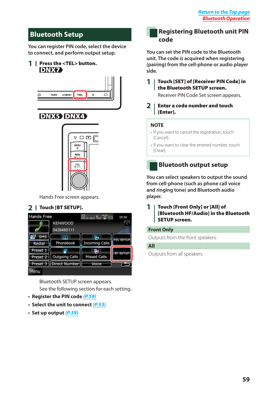 Bluetooth setup, Registering bluetooth, Unit pin code (p.59) | Kenwood DNX4280BT User Manual | Page 60 / 106