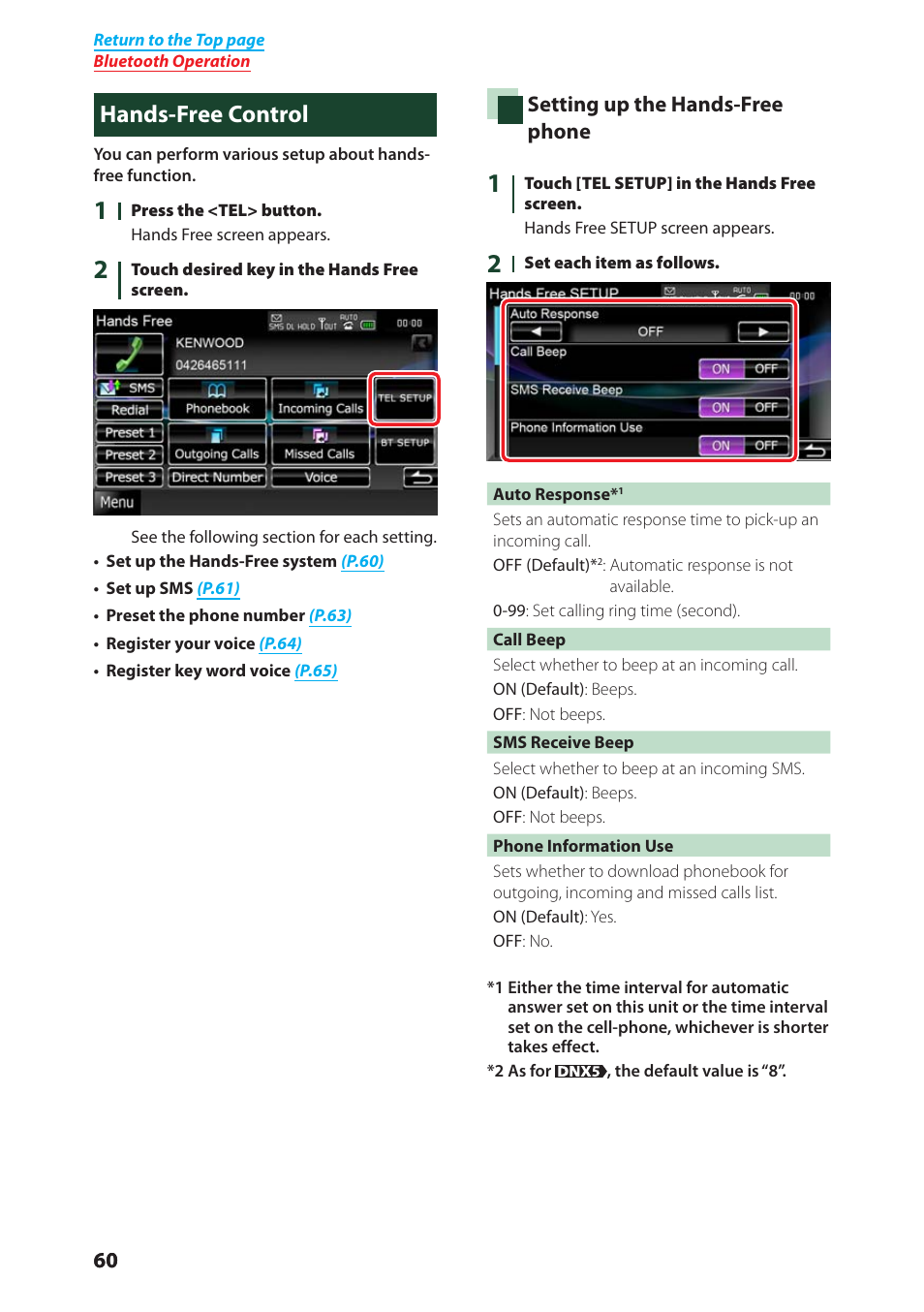 Hands-free control, Setting up the hands-free phone (p.60) | Kenwood DNX4280BT User Manual | Page 61 / 106