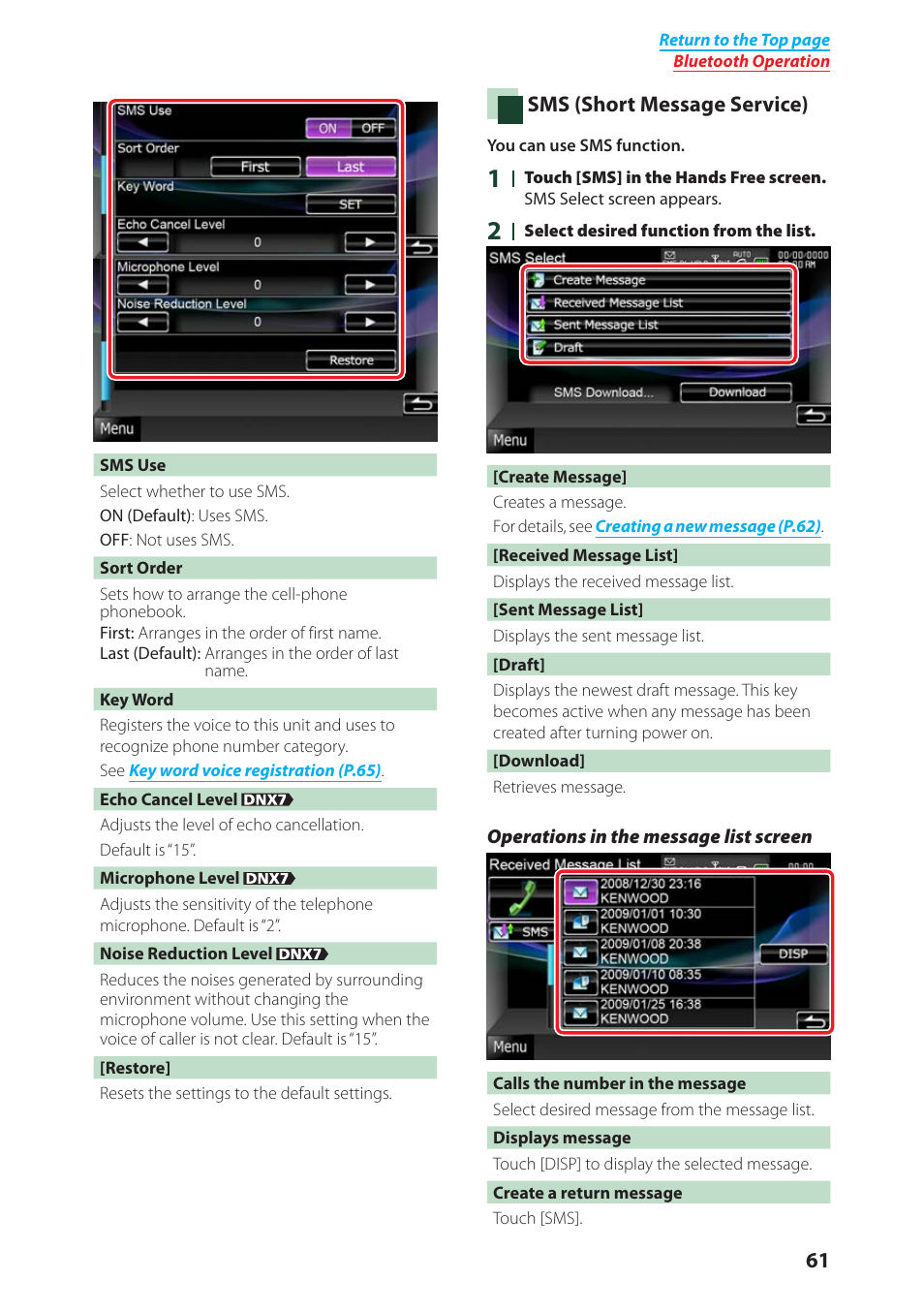 Et up sms, P.61) | Kenwood DNX4280BT User Manual | Page 62 / 106