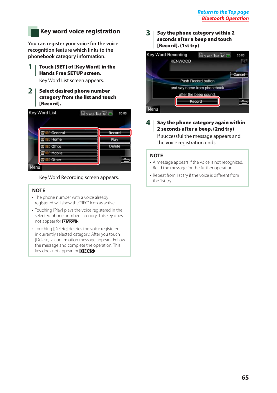 Key word voice, Registration (p.65), P.65) | Key word voice registration (p.65), Key word voice registration | Kenwood DNX4280BT User Manual | Page 66 / 106