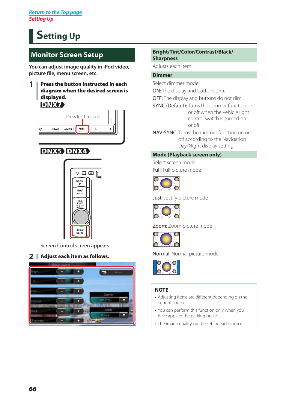 Setting up, Monitor screen setup, Setting up (p.66) | Supply. for details, see, Etting up | Kenwood DNX4280BT User Manual | Page 67 / 106