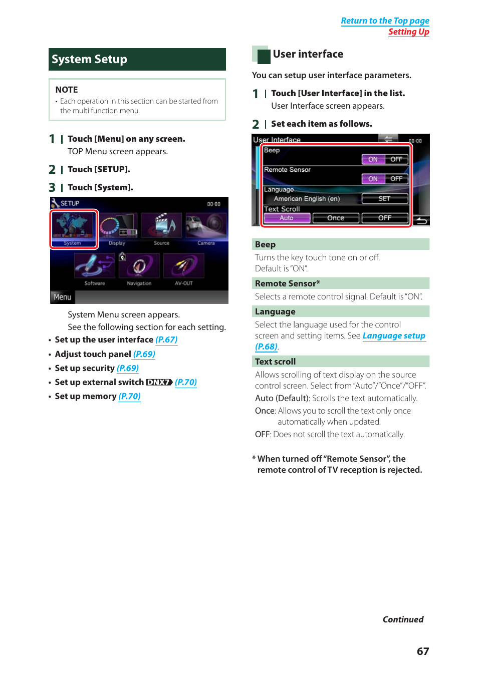 System setup, P.67) | Kenwood DNX4280BT User Manual | Page 68 / 106