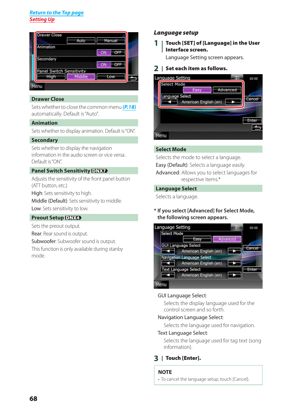 Language setup, P.68), Language setup (p.68) | Kenwood DNX4280BT User Manual | Page 69 / 106