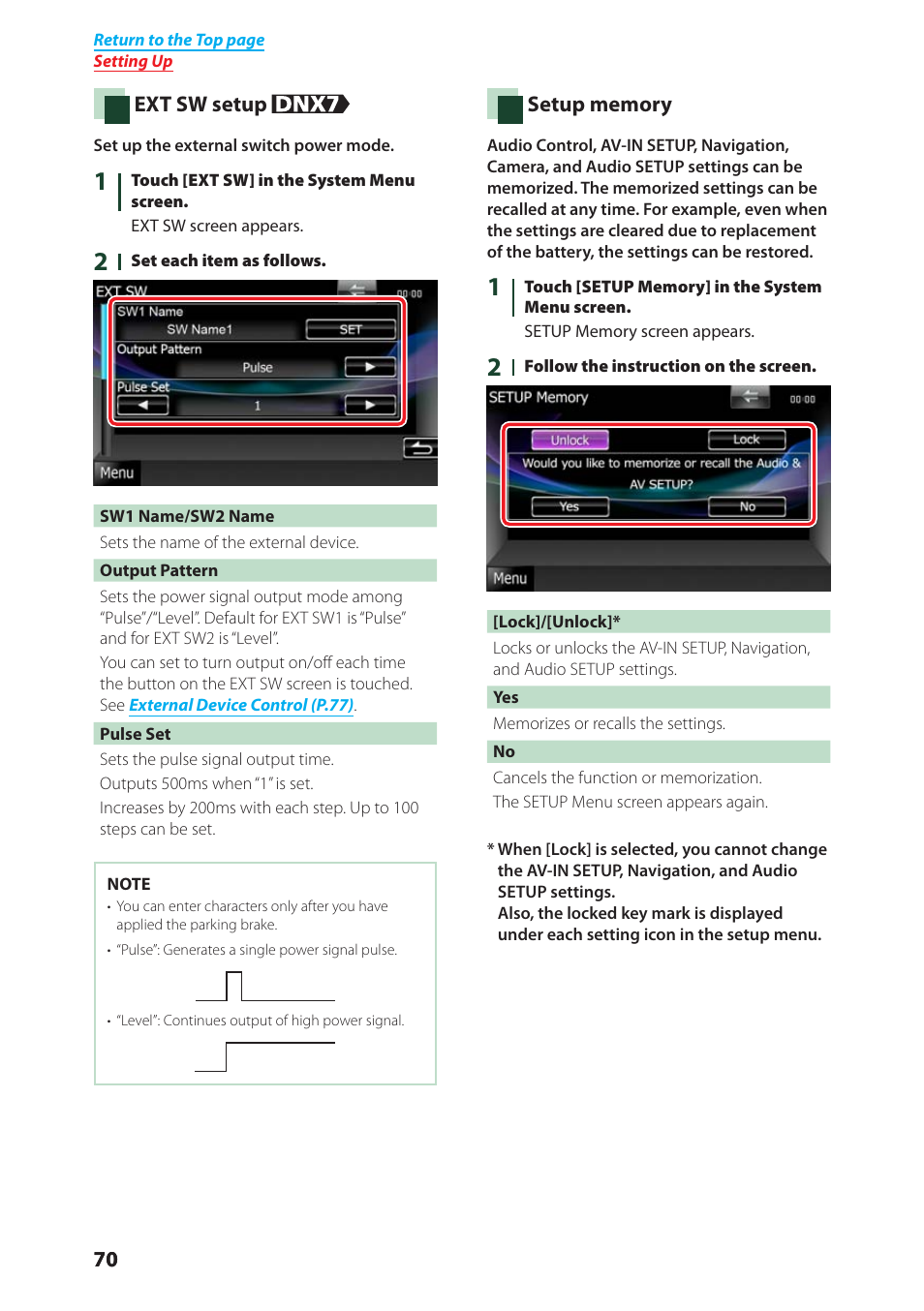 Ext sw setup (p.70), P.70) | Kenwood DNX4280BT User Manual | Page 71 / 106