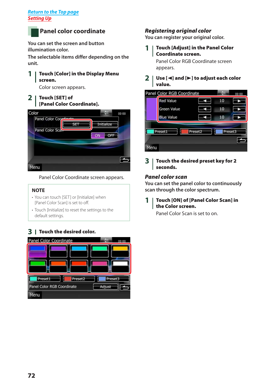 Panel color coordinate (p.72), P.72) | Kenwood DNX4280BT User Manual | Page 73 / 106