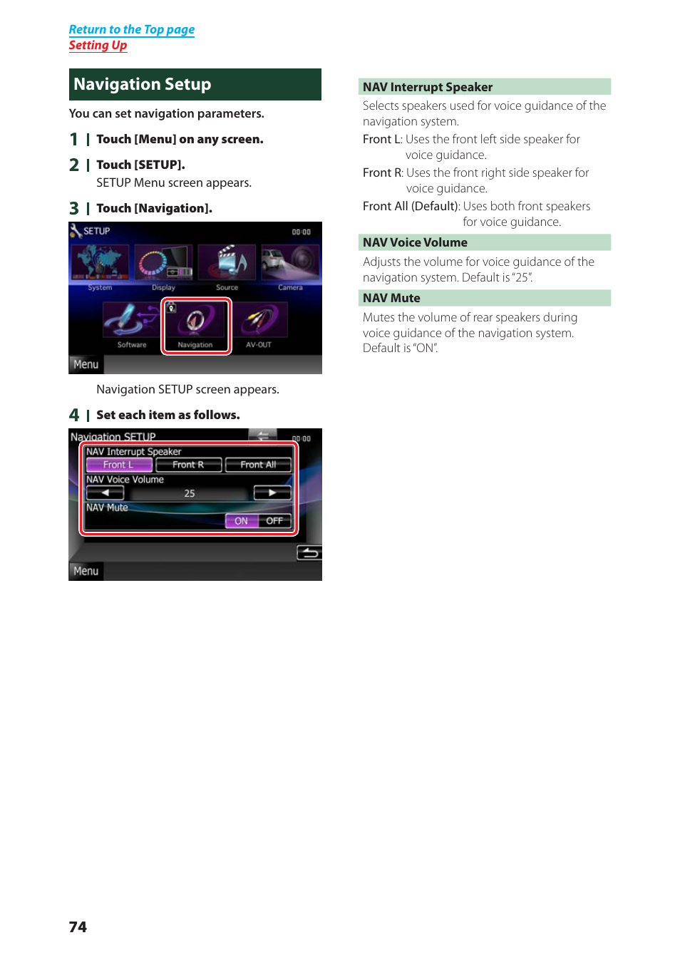 Navigation setup | Kenwood DNX4280BT User Manual | Page 75 / 106