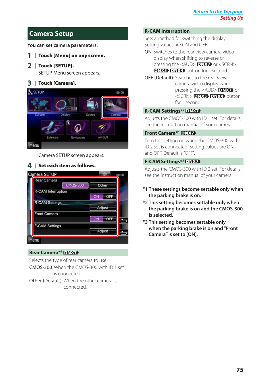 Camera setup, Camera setup (p.75) | Kenwood DNX4280BT User Manual | Page 76 / 106