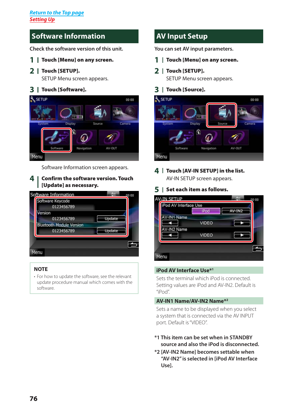 Software information, Av input setup, Software information av input setup | Kenwood DNX4280BT User Manual | Page 77 / 106