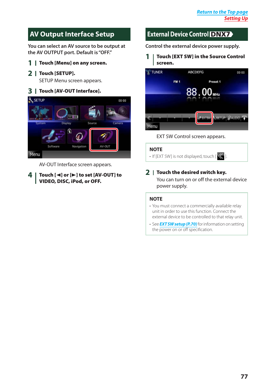 Av output interface setup, External device control, Av output interface setup external device control | External device control (p.77), External device, Control (p.77), Output interface setup (p.77) | Kenwood DNX4280BT User Manual | Page 78 / 106