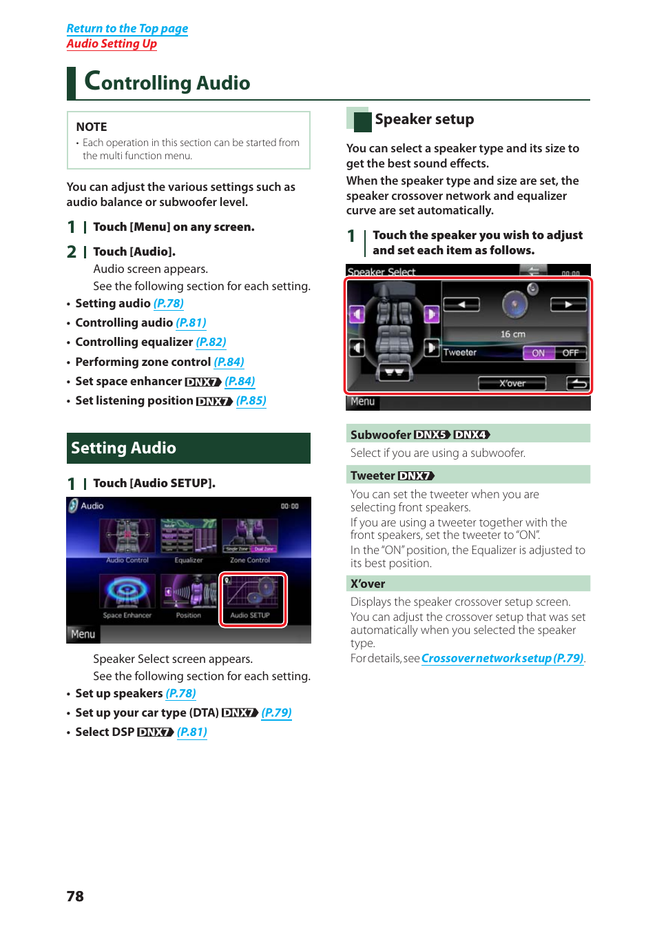 Controlling audio, Setting audio, Controlling audio (p.78) | Ontrolling audio | Kenwood DNX4280BT User Manual | Page 79 / 106