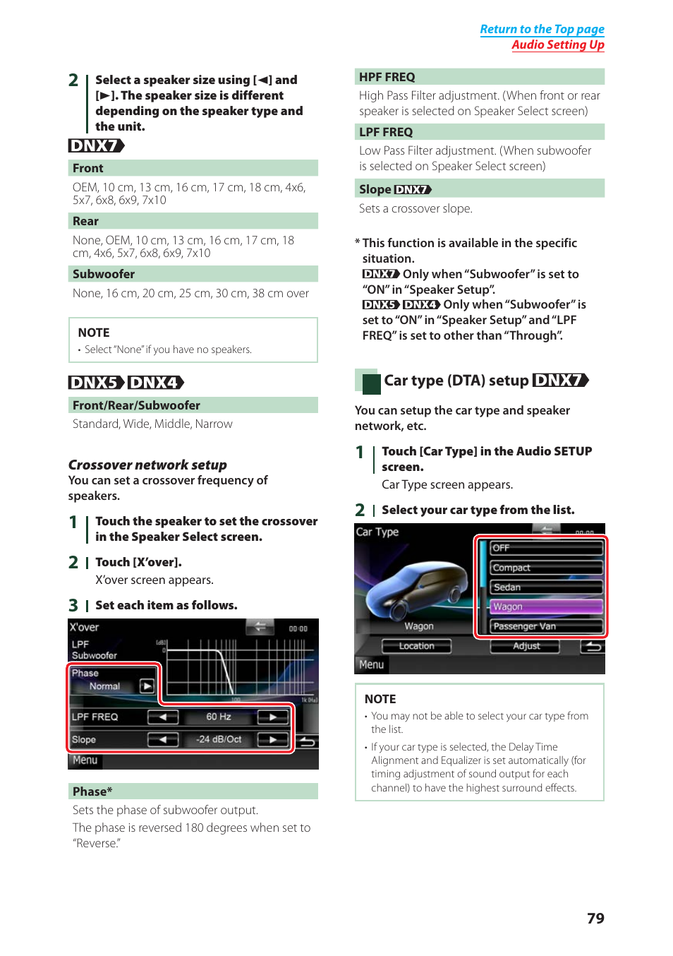 P.79), Crossover network setup (p.79) | Kenwood DNX4280BT User Manual | Page 80 / 106