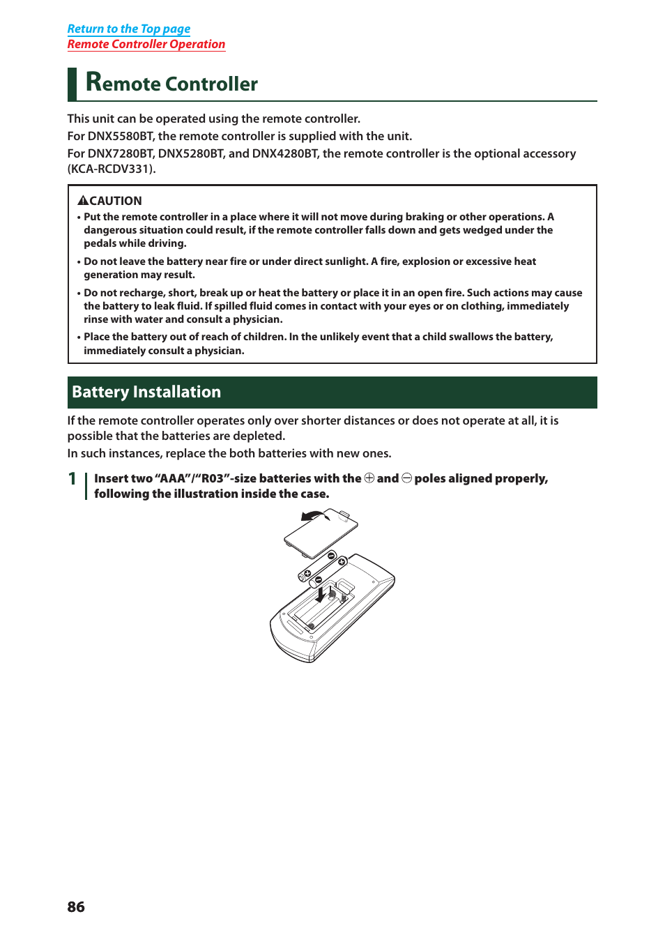 Remote controller, Battery installation, Emote controller | Kenwood DNX4280BT User Manual | Page 87 / 106