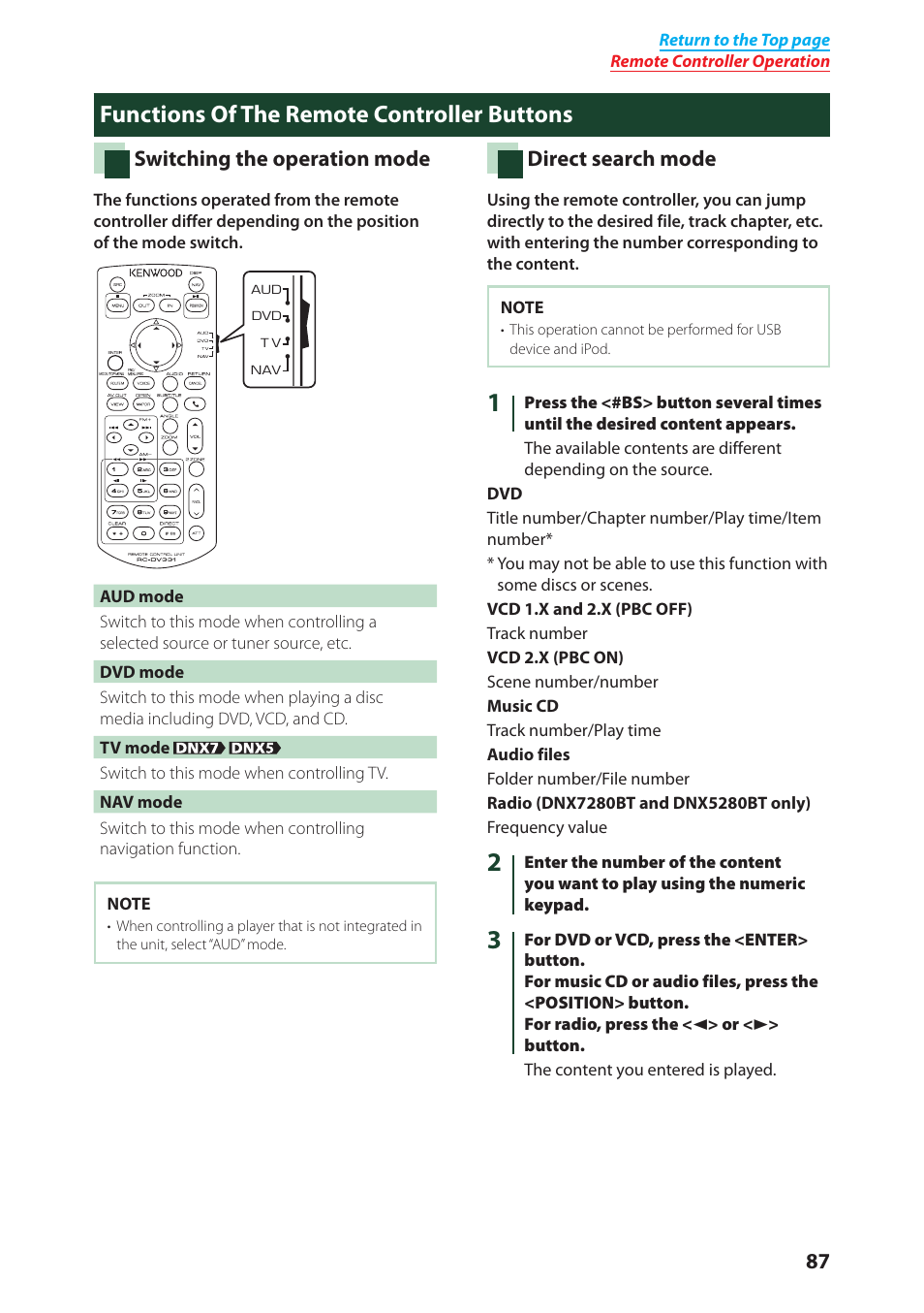 Functions of the remote controller buttons, Functions of the remote, Controller buttons | Switching the operation, Mode (p.87), P.87), Direct search mode (p.87), Switching the operation mode, Direct search mode | Kenwood DNX4280BT User Manual | Page 88 / 106