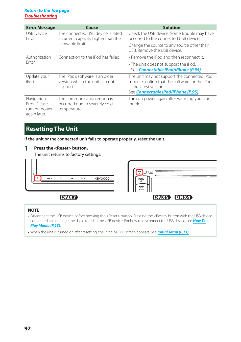 Resetting the unit, P.92) | Kenwood DNX4280BT User Manual | Page 93 / 106