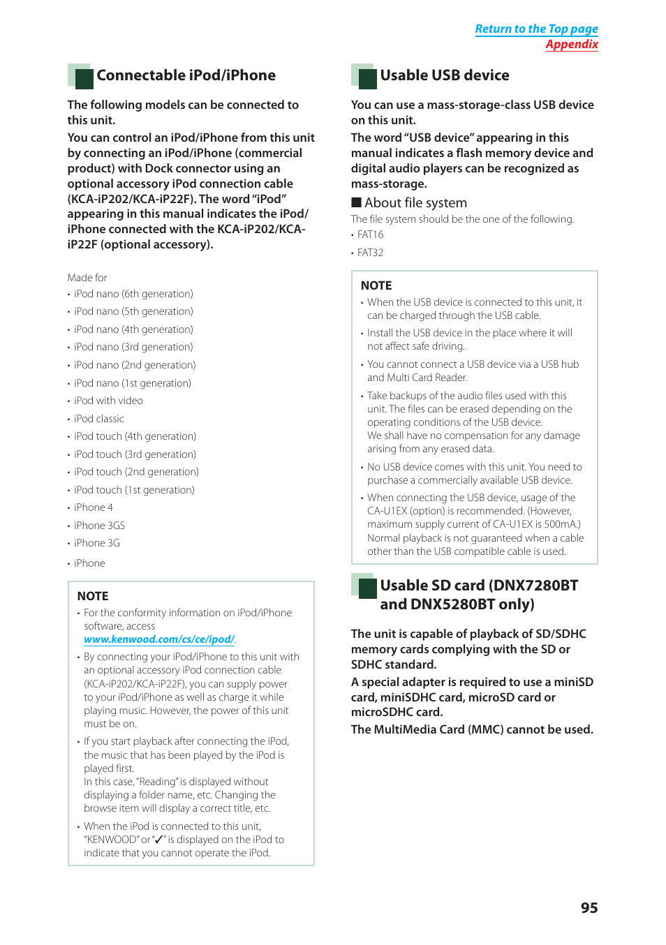 Connectable ipod/iphone (p.95), Connectable ipod/iphone, Usable usb device | Kenwood DNX4280BT User Manual | Page 96 / 106