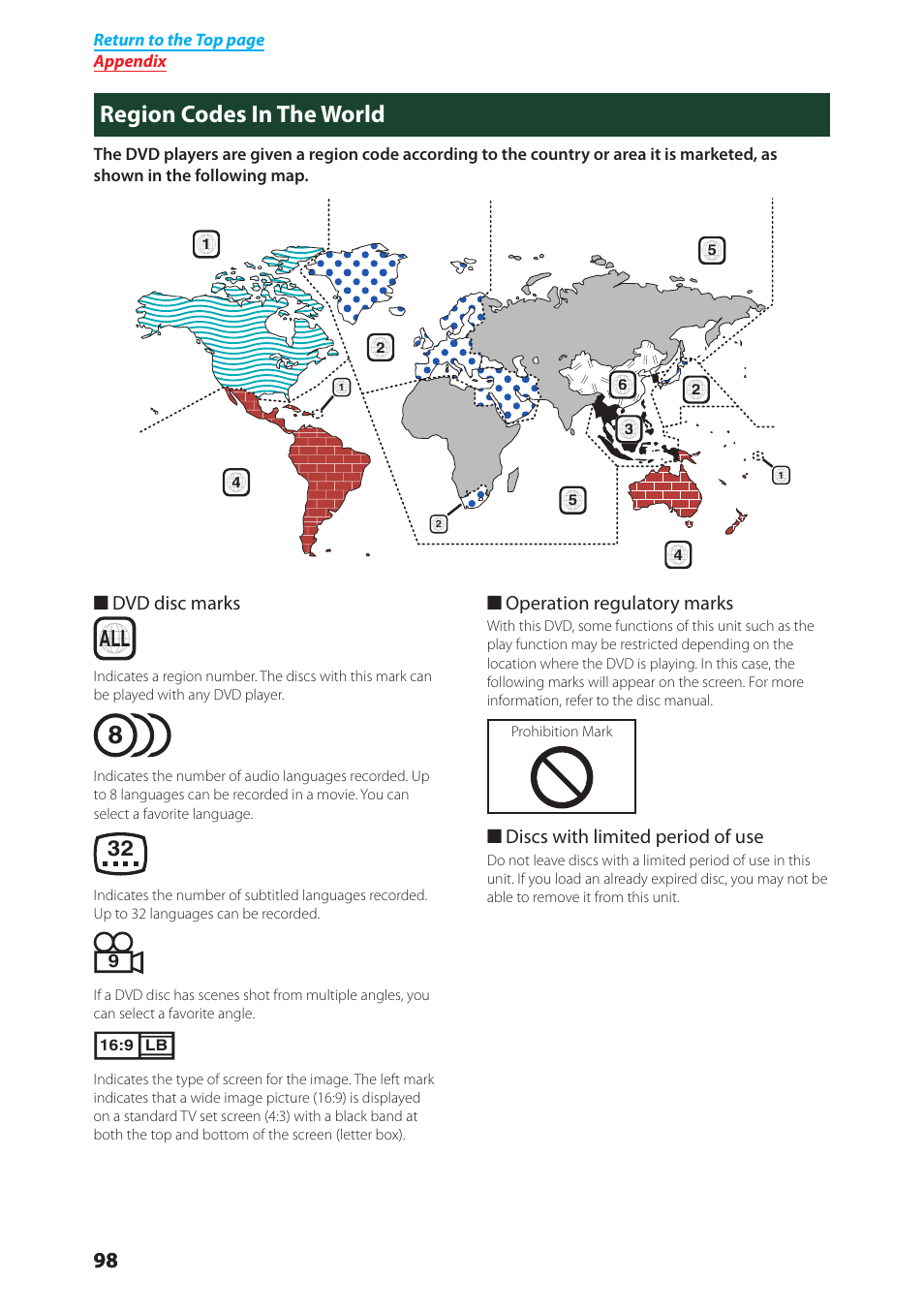 Region codes in the world, Region codes in the world (p.98) | Kenwood DNX4280BT User Manual | Page 99 / 106