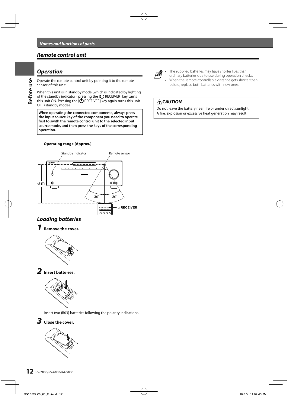 Before use, Remote control unit, Remote control unit operation operation | Loading batteries | Kenwood RA-5000 User Manual | Page 12 / 60
