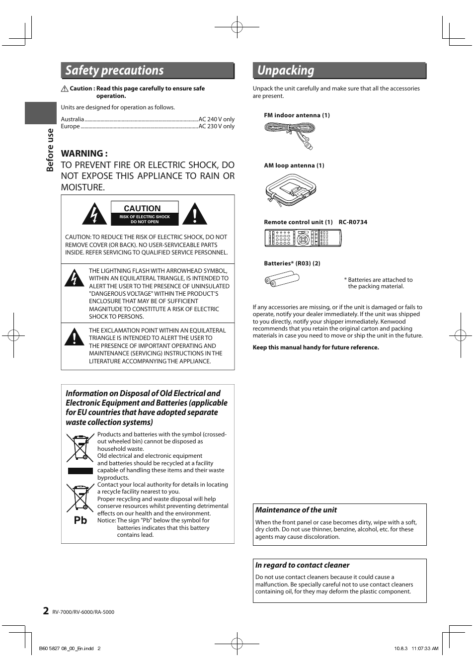 Safety precautions, Unpacking, Before use | Kenwood RA-5000 User Manual | Page 2 / 60