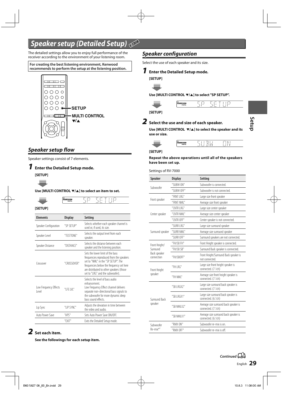 Speaker setup (detailed setup), Set u p, Speaker setup flow | Speaker configuration | Kenwood RA-5000 User Manual | Page 29 / 60