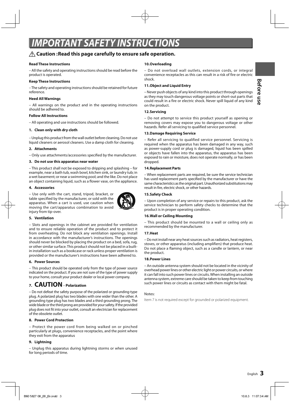 Important safety instructions, Caution, Before use | Kenwood RA-5000 User Manual | Page 3 / 60