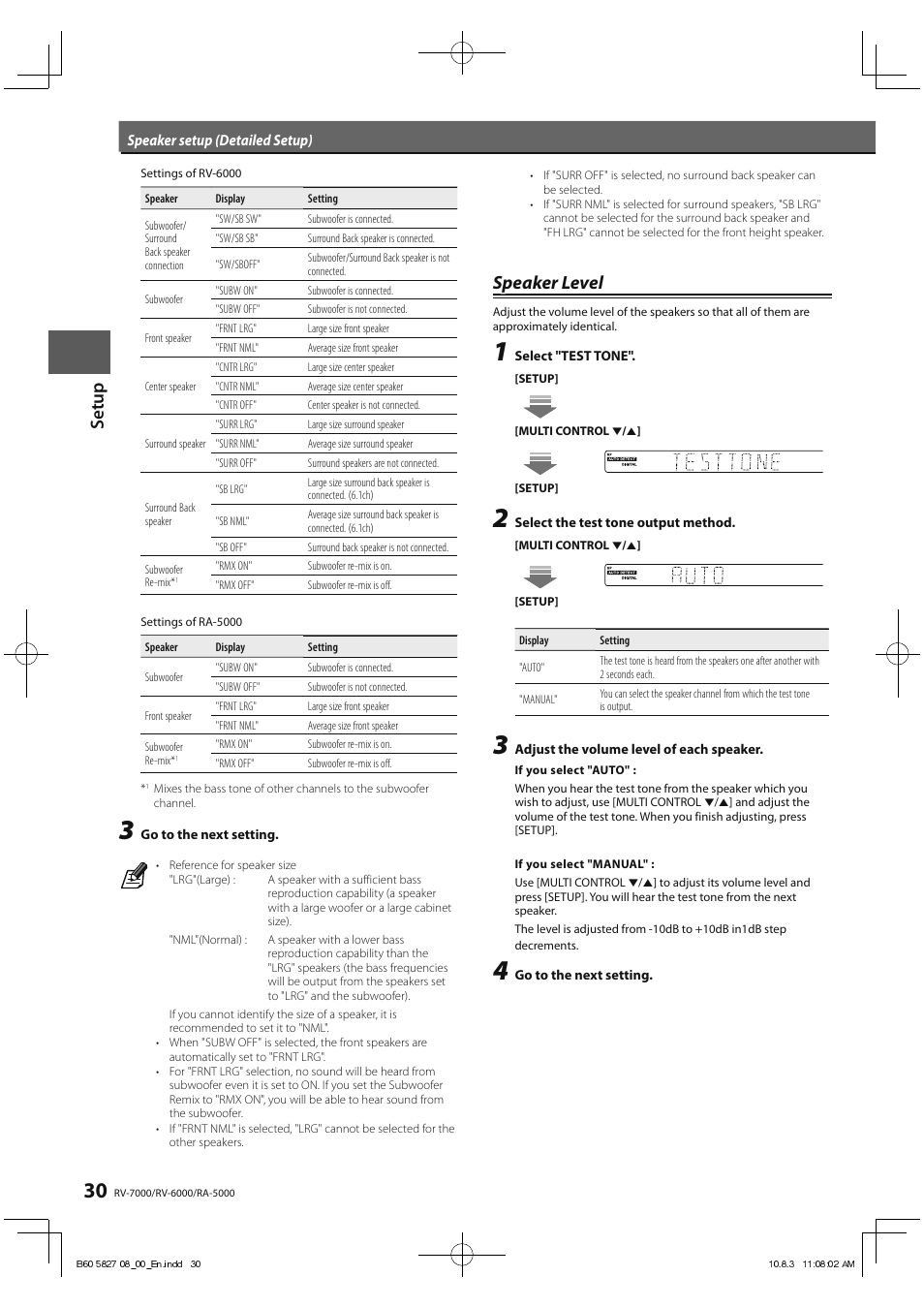 Set u p, Speaker level | Kenwood RA-5000 User Manual | Page 30 / 60